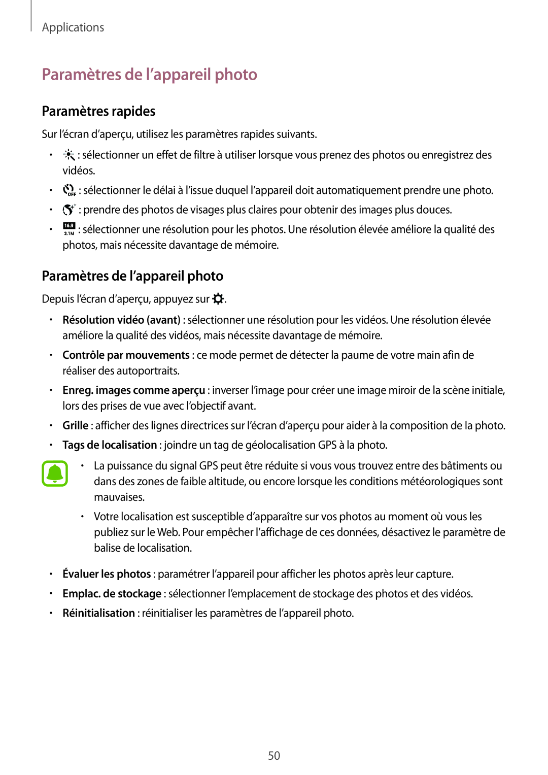 Samsung SM-T670NZKAXEF manual Paramètres de l’appareil photo, Paramètres rapides 