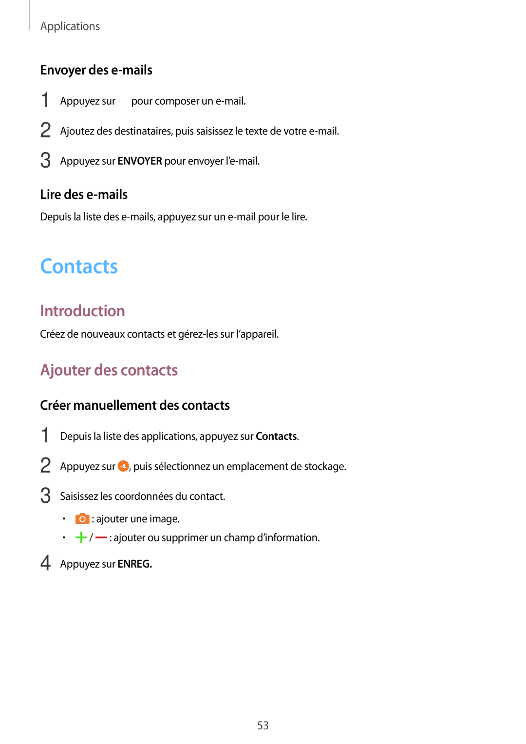Samsung SM-T670NZKAXEF manual Contacts, Ajouter des contacts, Envoyer des e-mails, Lire des e-mails 