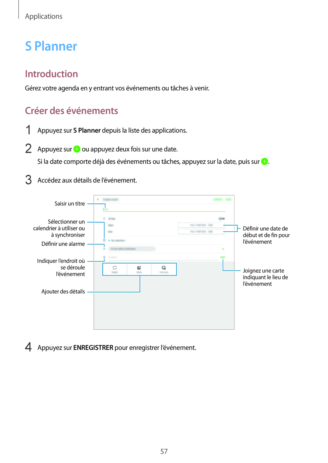 Samsung SM-T670NZKAXEF manual Planner, Créer des événements 