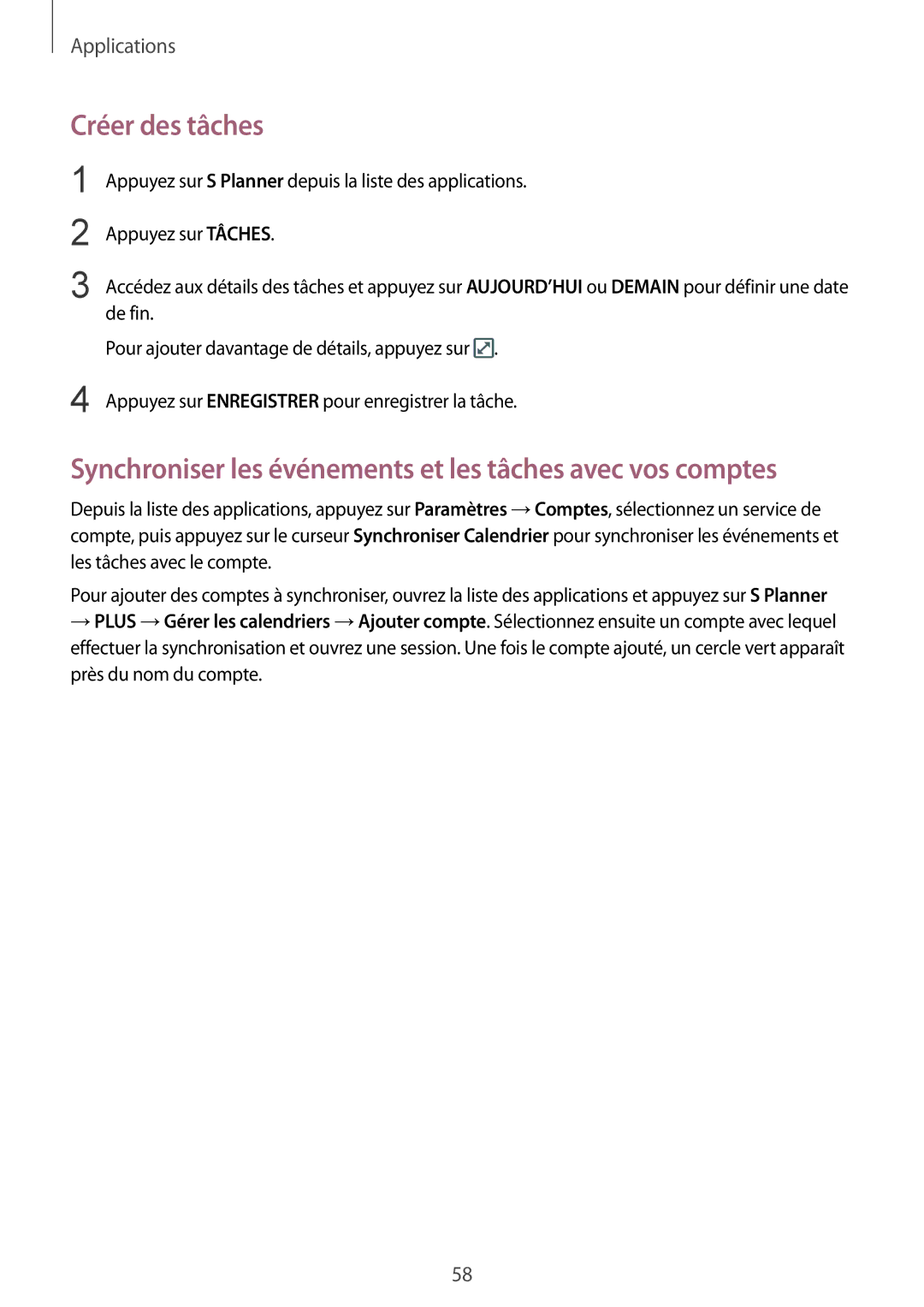 Samsung SM-T670NZKAXEF manual Créer des tâches, Synchroniser les événements et les tâches avec vos comptes 