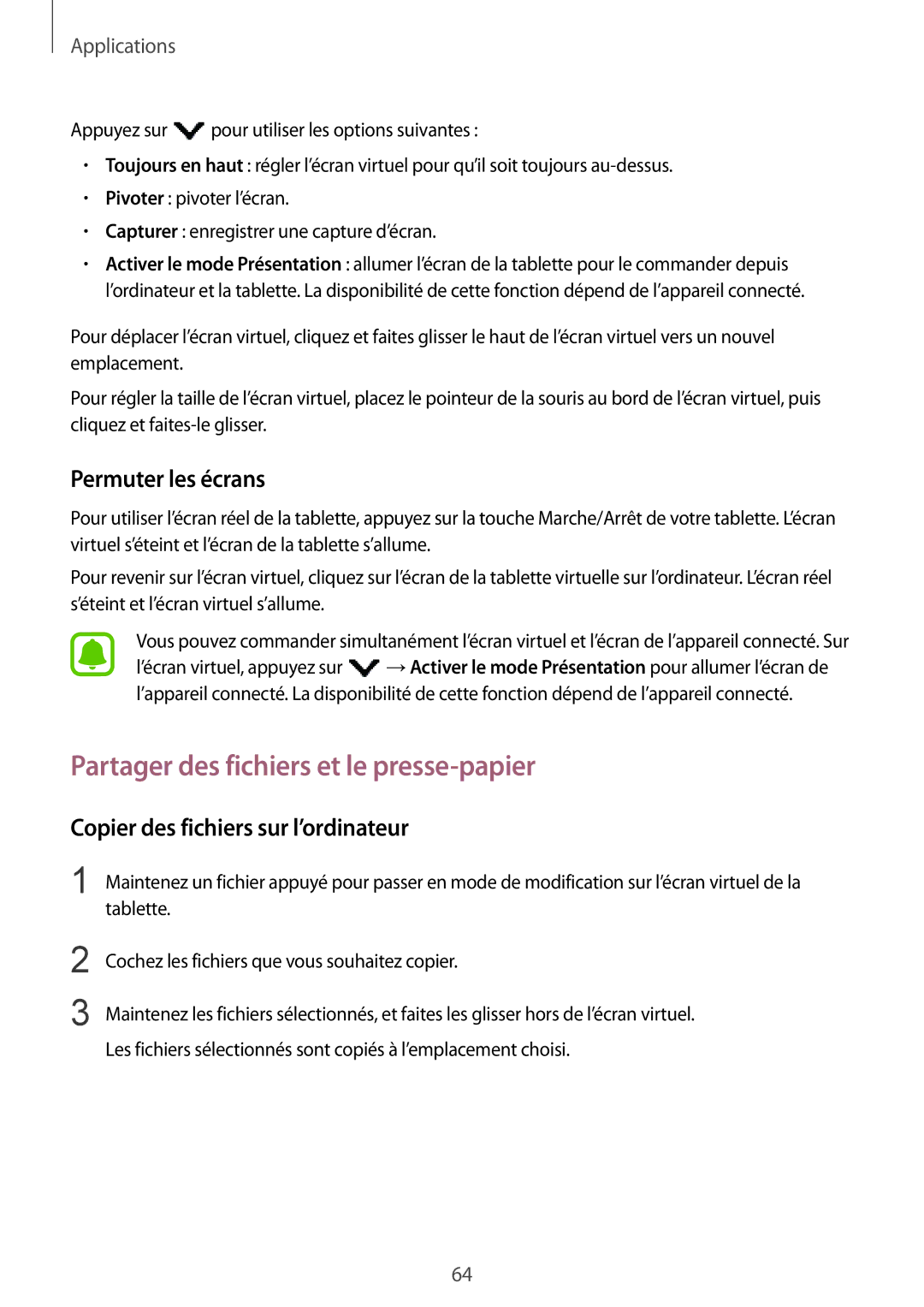 Samsung SM-T670NZKAXEF manual Partager des fichiers et le presse-papier, Permuter les écrans 