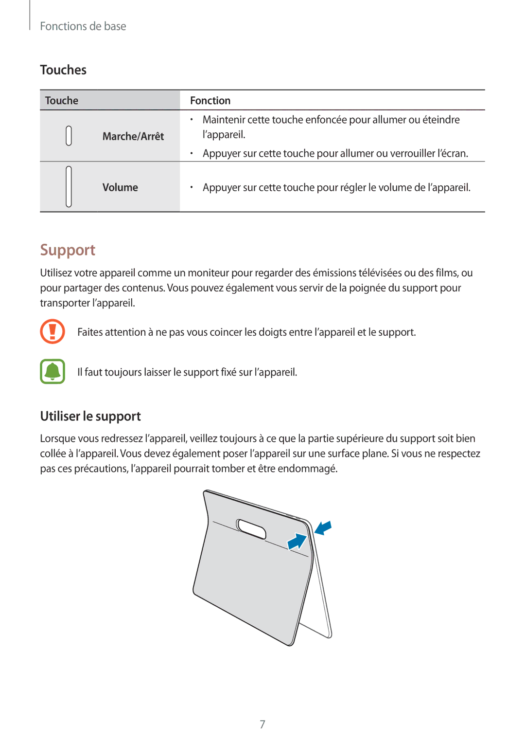 Samsung SM-T670NZKAXEF manual Support, Touches, Utiliser le support 