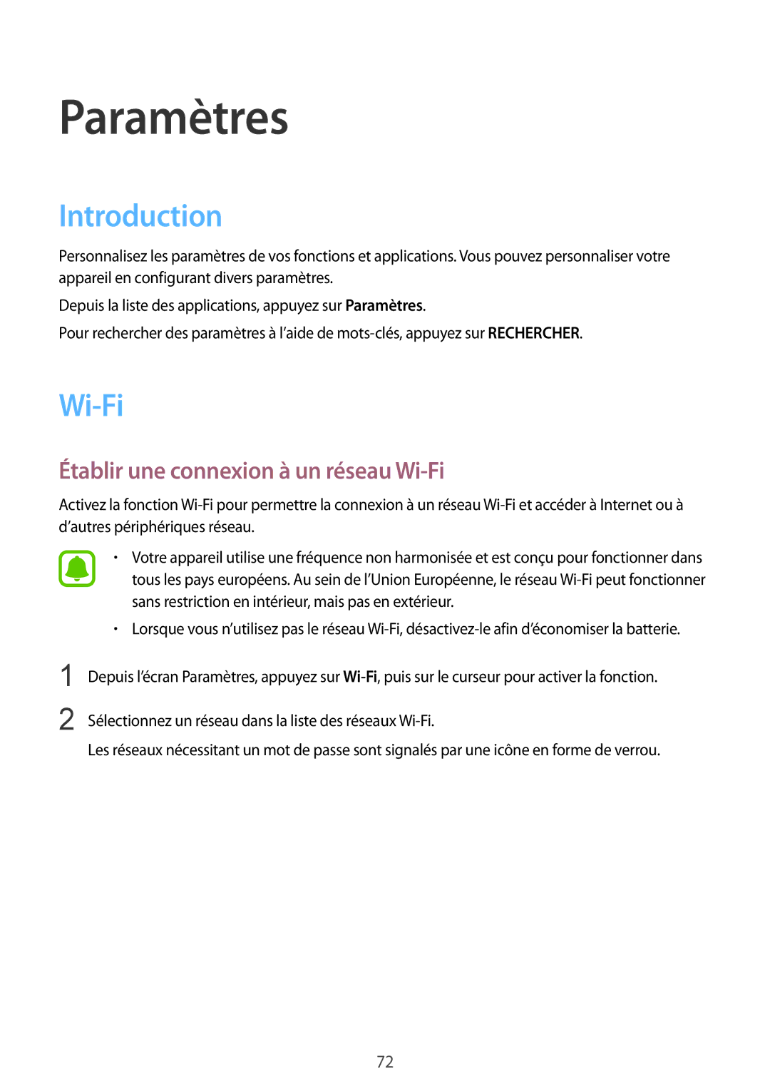 Samsung SM-T670NZKAXEF manual Introduction, Établir une connexion à un réseau Wi-Fi 