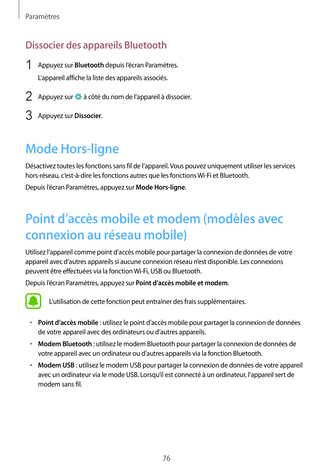 Samsung SM-T670NZKAXEF manual Mode Hors-ligne, Dissocier des appareils Bluetooth 