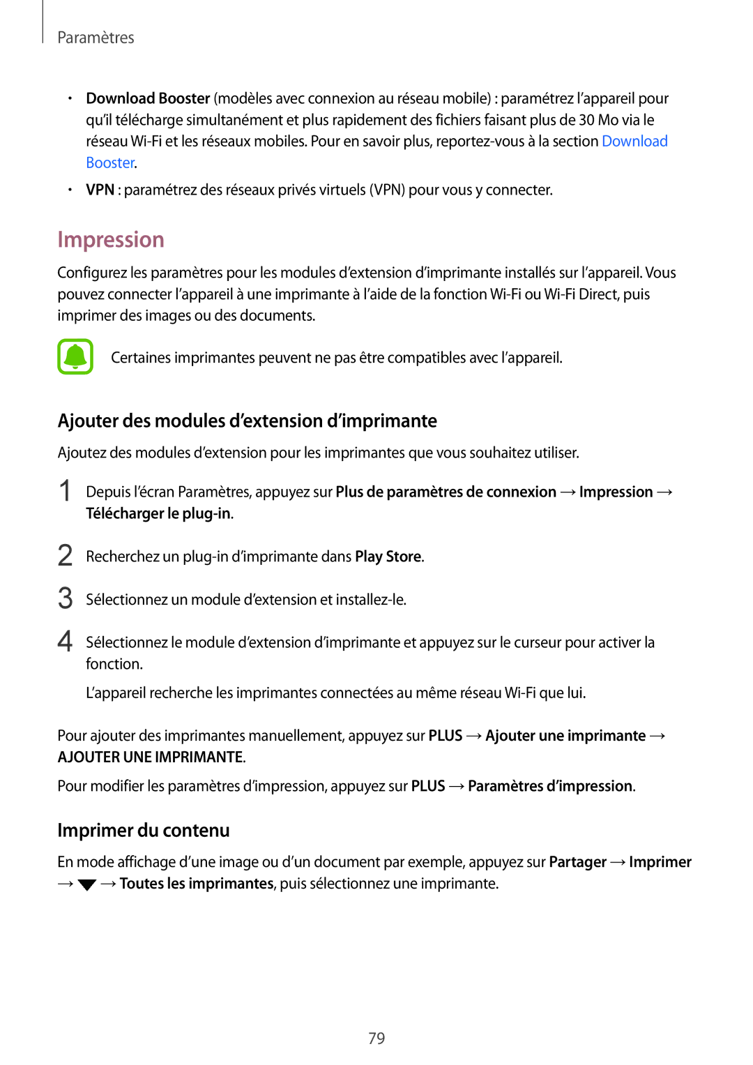 Samsung SM-T670NZKAXEF manual Impression, Ajouter des modules d’extension d’imprimante, Imprimer du contenu 