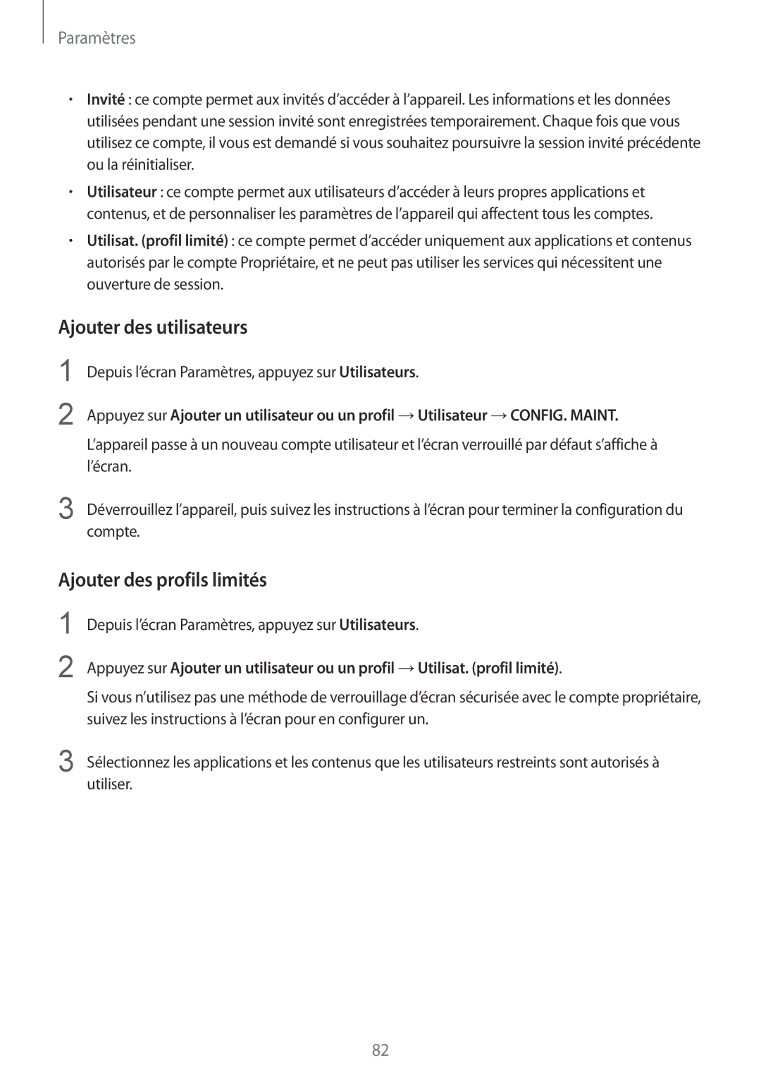 Samsung SM-T670NZKAXEF manual Ajouter des utilisateurs, Ajouter des profils limités 