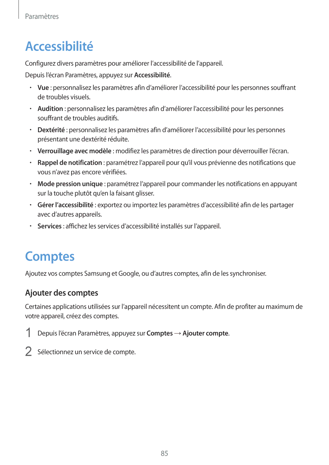 Samsung SM-T670NZKAXEF manual Accessibilité, Comptes, Ajouter des comptes 