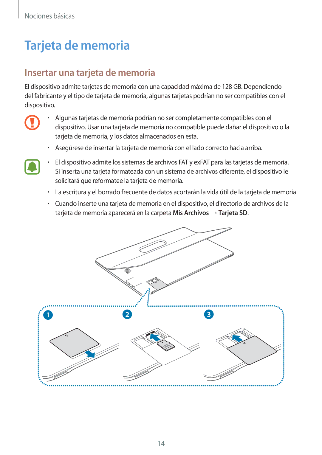 Samsung SM-T670NZWAPHE manual Tarjeta de memoria, Insertar una tarjeta de memoria 