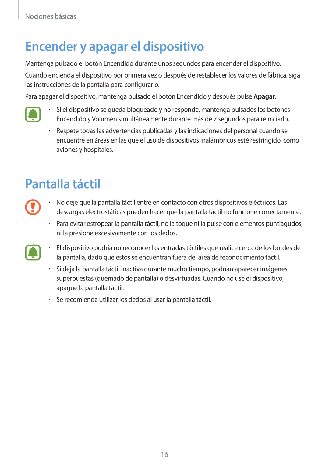 Samsung SM-T670NZWAPHE manual Encender y apagar el dispositivo, Pantalla táctil 