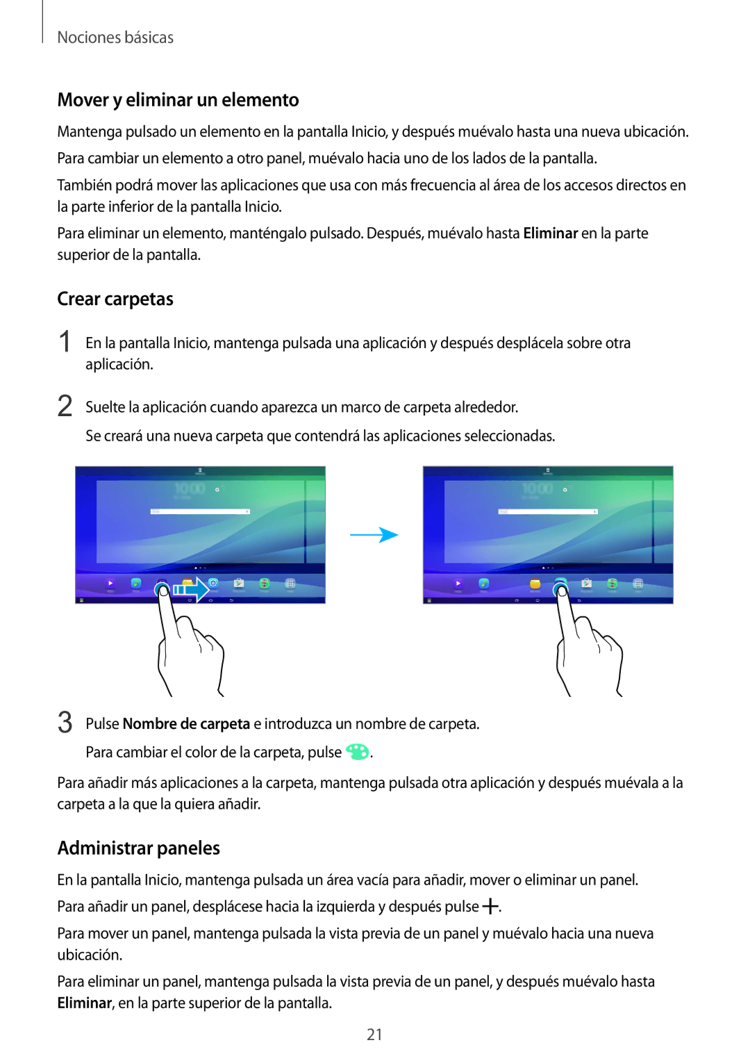 Samsung SM-T670NZWAPHE manual Mover y eliminar un elemento, Crear carpetas, Administrar paneles 