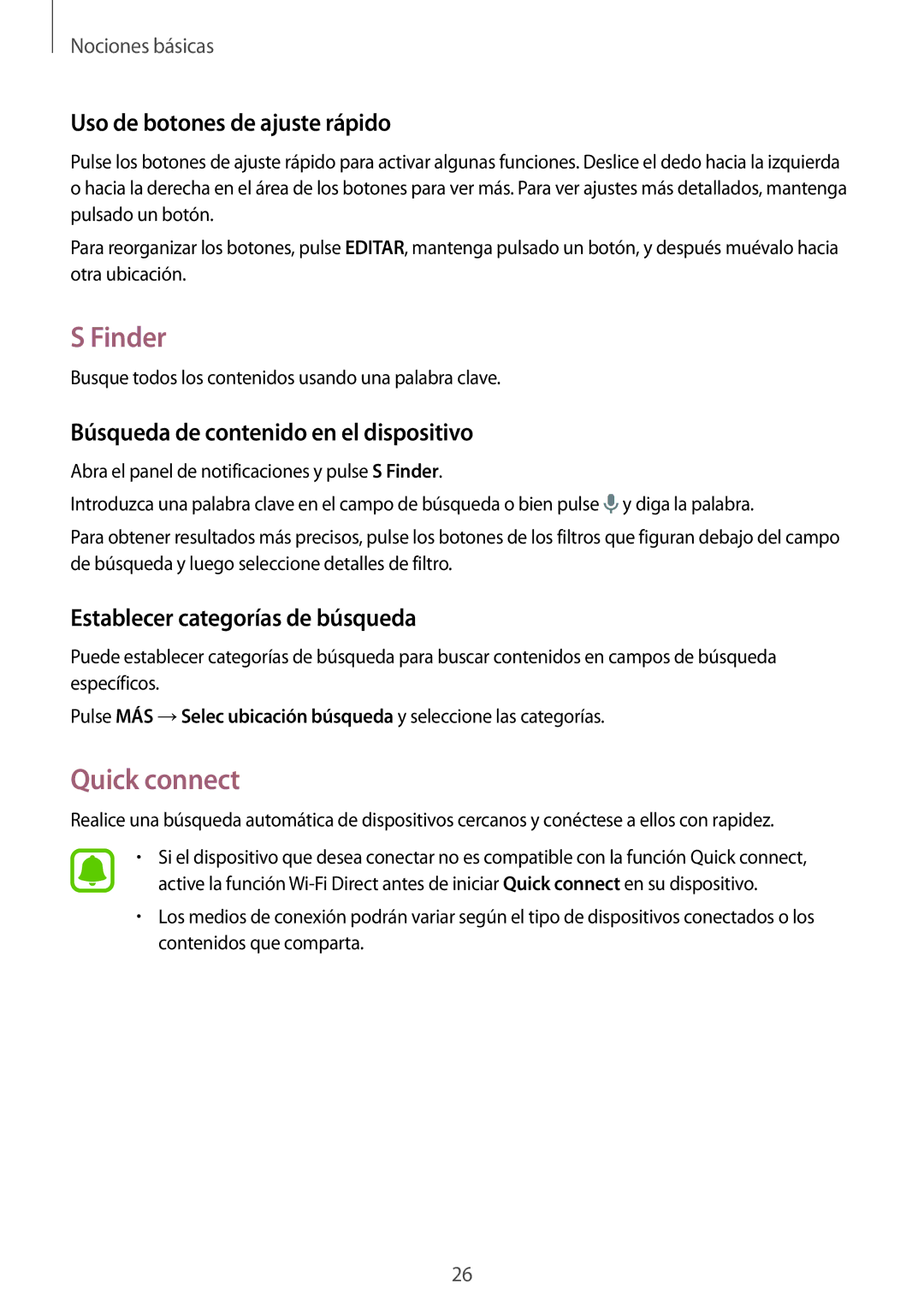 Samsung SM-T670NZWAPHE Finder, Quick connect, Uso de botones de ajuste rápido, Búsqueda de contenido en el dispositivo 