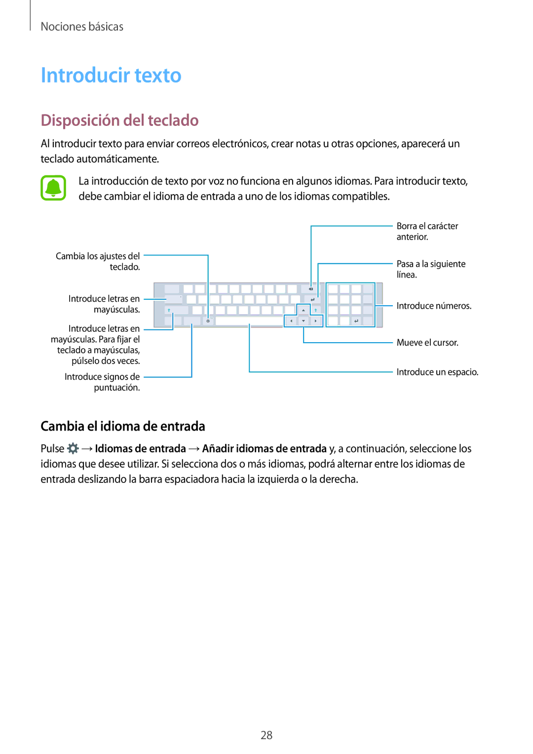 Samsung SM-T670NZWAPHE manual Introducir texto, Disposición del teclado, Cambia el idioma de entrada 