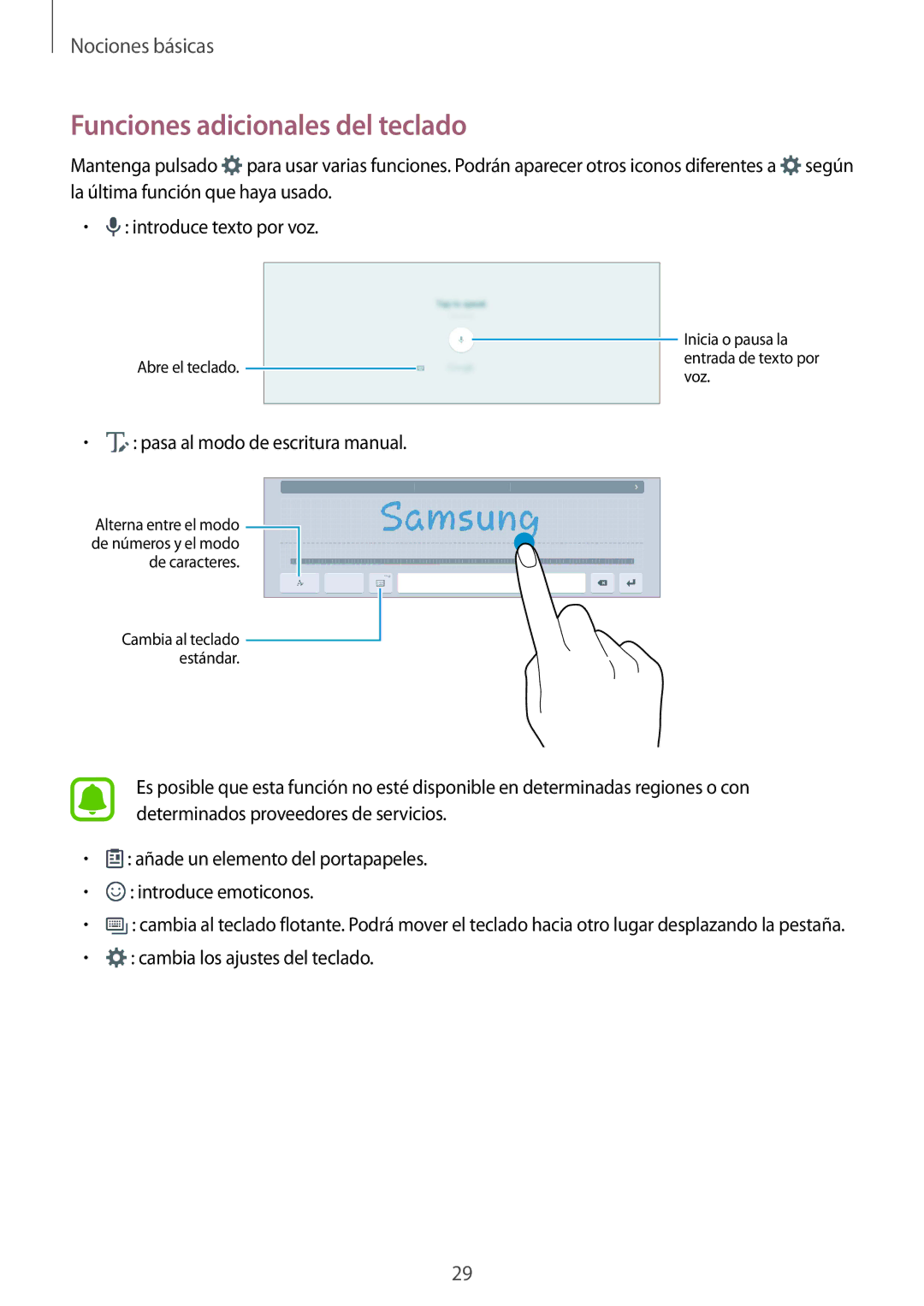 Samsung SM-T670NZWAPHE manual Funciones adicionales del teclado 