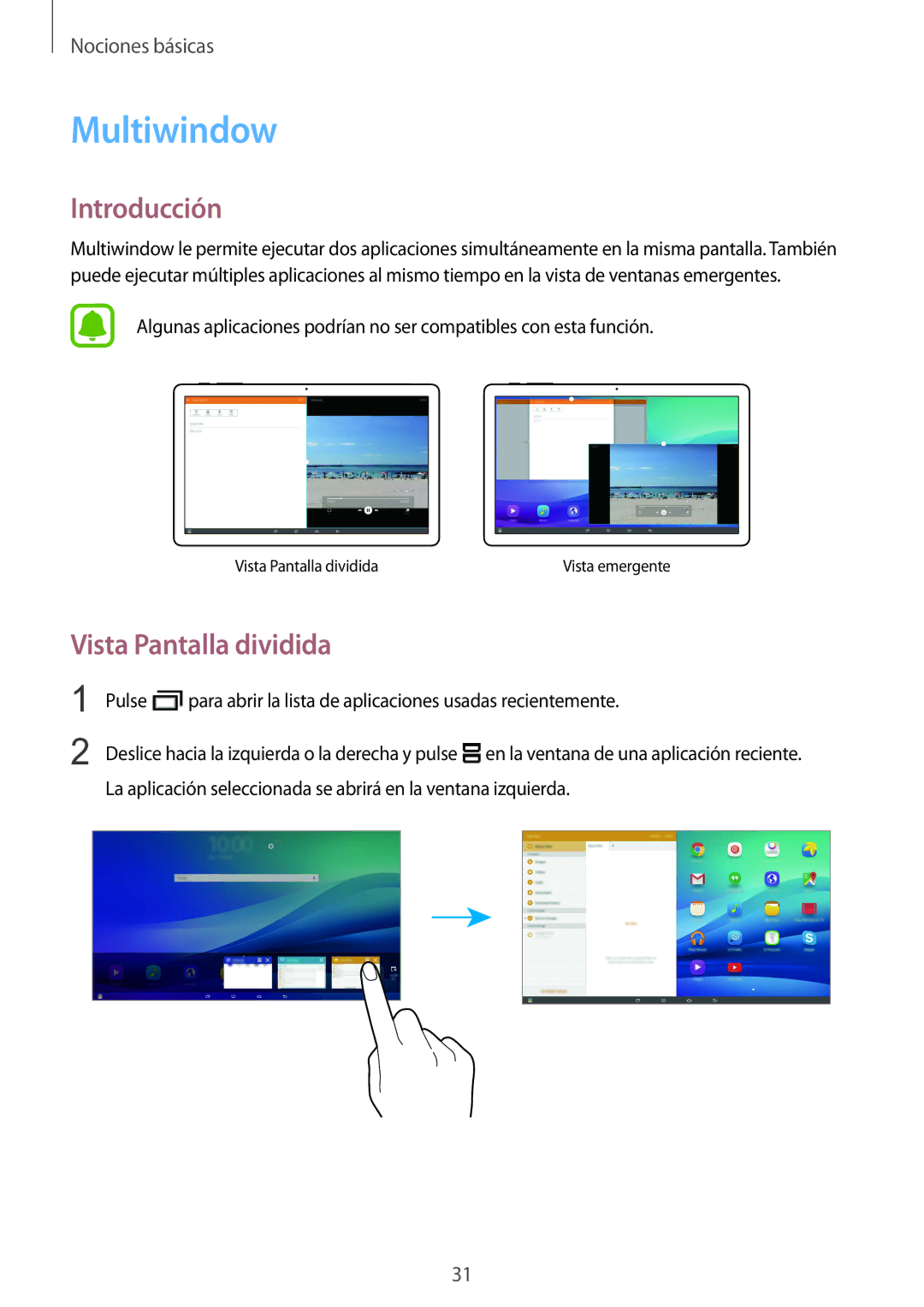 Samsung SM-T670NZWAPHE manual Multiwindow, Introducción, Vista Pantalla dividida 