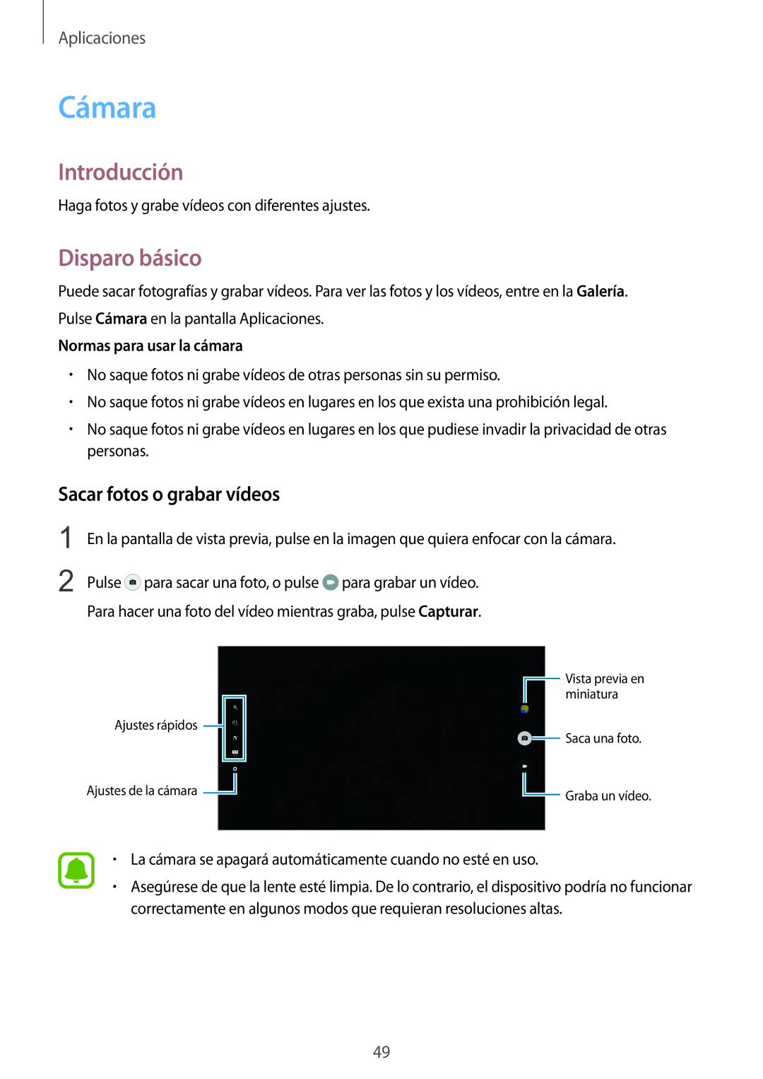 Samsung SM-T670NZWAPHE manual Cámara, Disparo básico, Sacar fotos o grabar vídeos, Normas para usar la cámara 