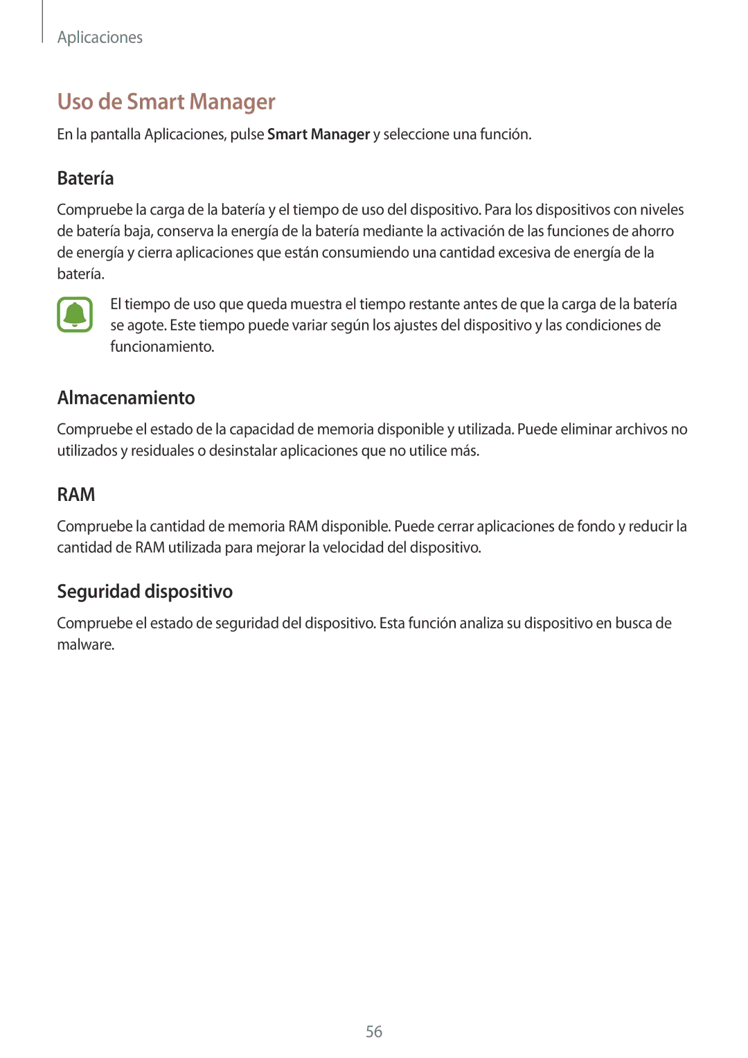 Samsung SM-T670NZWAPHE manual Uso de Smart Manager, Batería, Almacenamiento, Seguridad dispositivo 