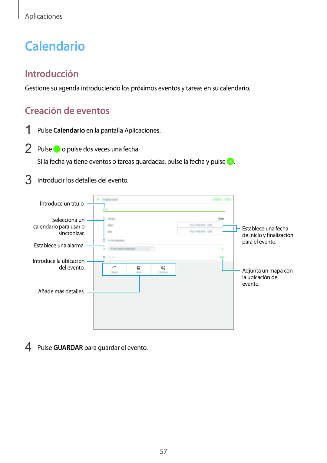 Samsung SM-T670NZWAPHE manual Calendario, Creación de eventos 