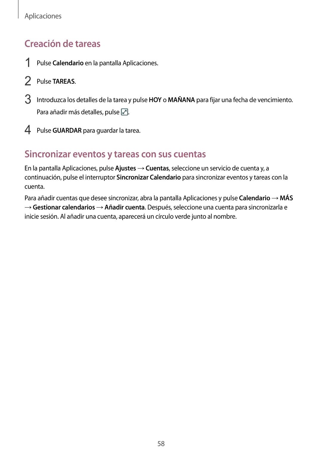 Samsung SM-T670NZWAPHE manual Creación de tareas, Sincronizar eventos y tareas con sus cuentas 