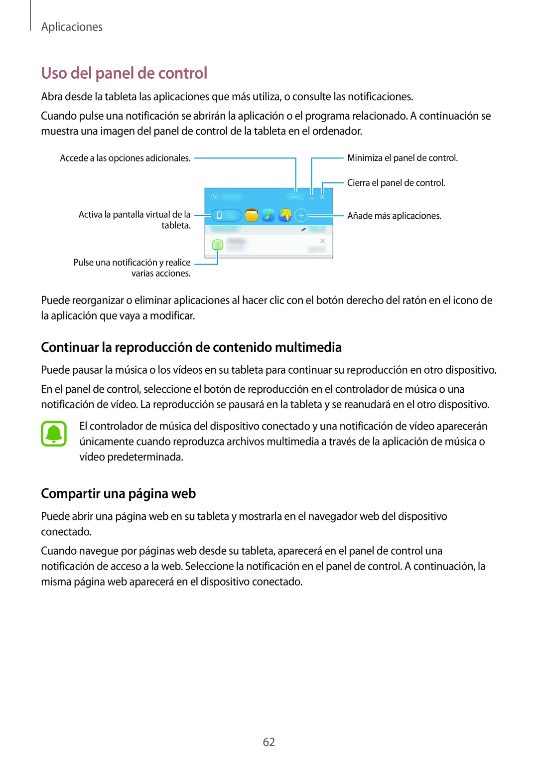 Samsung SM-T670NZWAPHE manual Uso del panel de control, Continuar la reproducción de contenido multimedia 