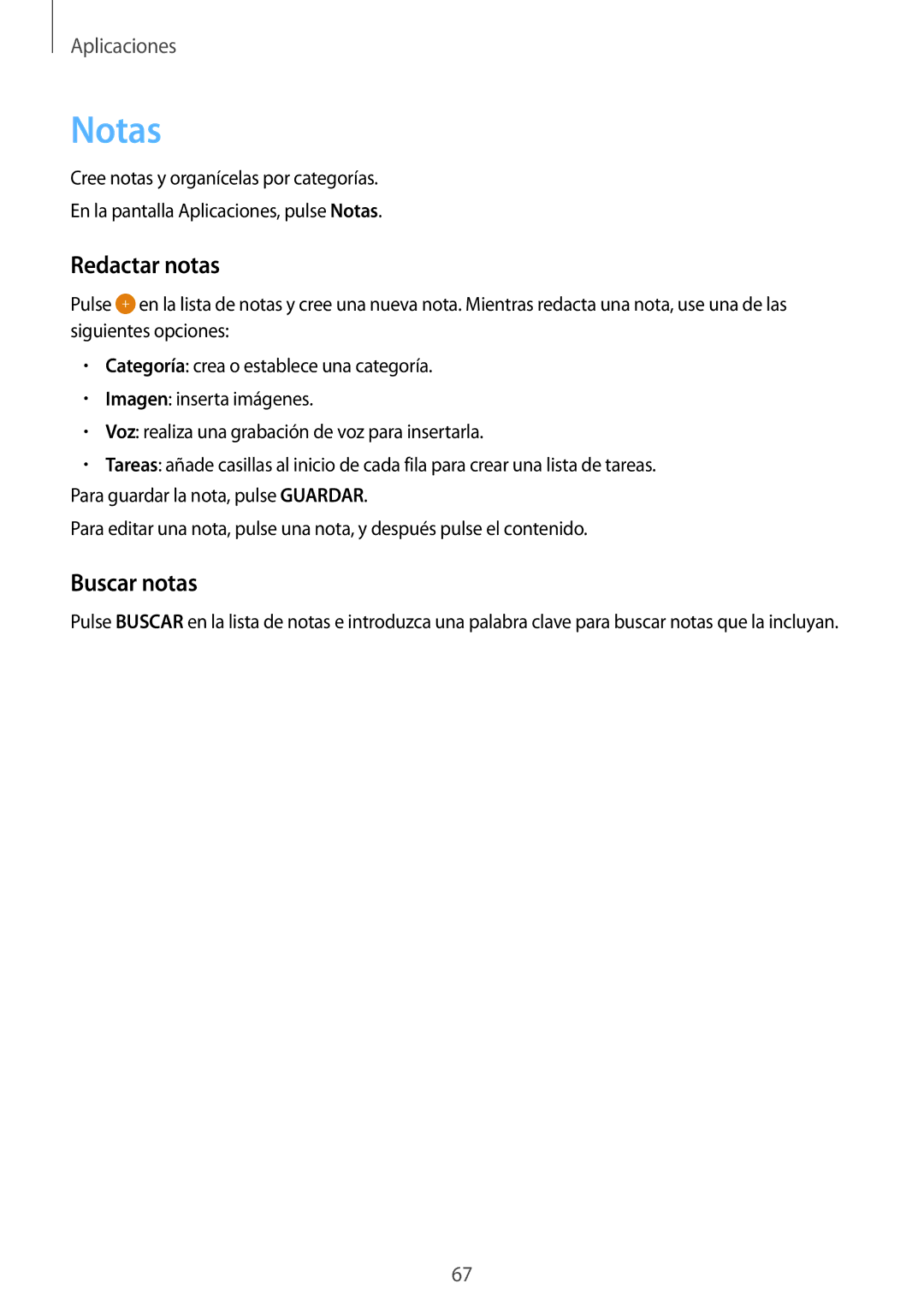 Samsung SM-T670NZWAPHE manual Notas, Redactar notas, Buscar notas 