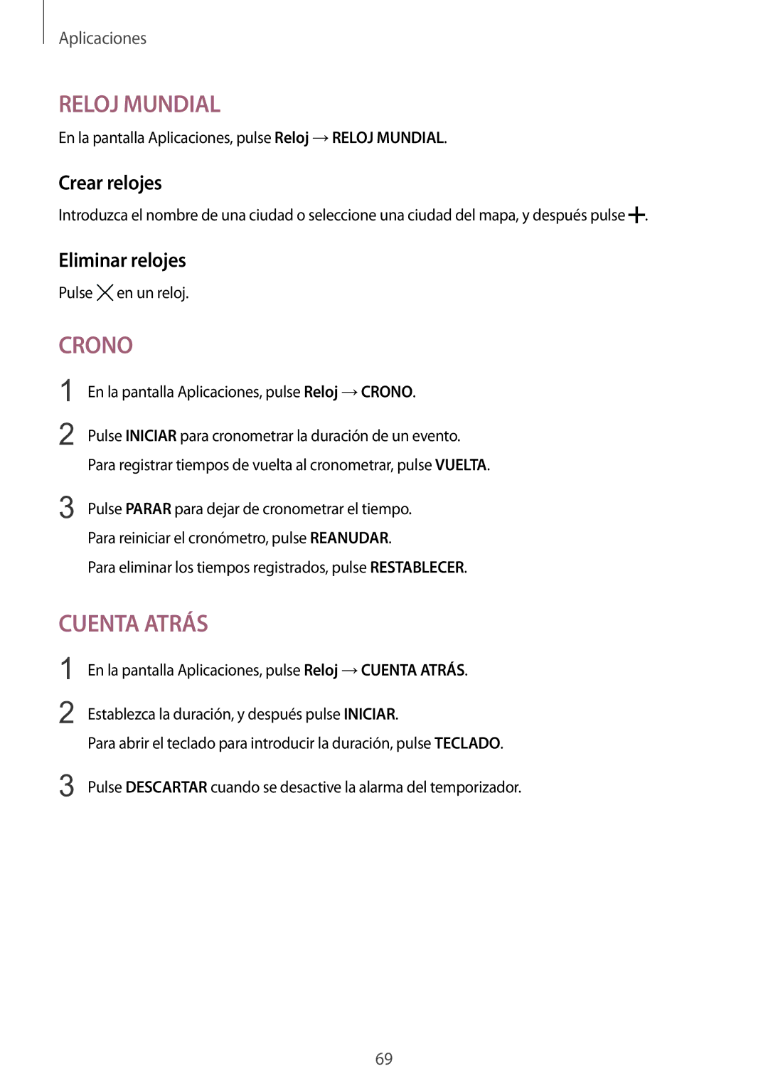 Samsung SM-T670NZWAPHE manual Crear relojes, Eliminar relojes 