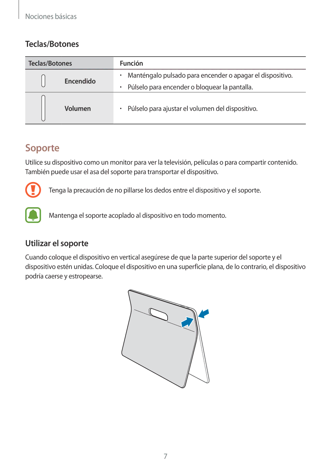 Samsung SM-T670NZWAPHE manual Soporte, Utilizar el soporte, Teclas/Botones Función Encendido, Volumen 