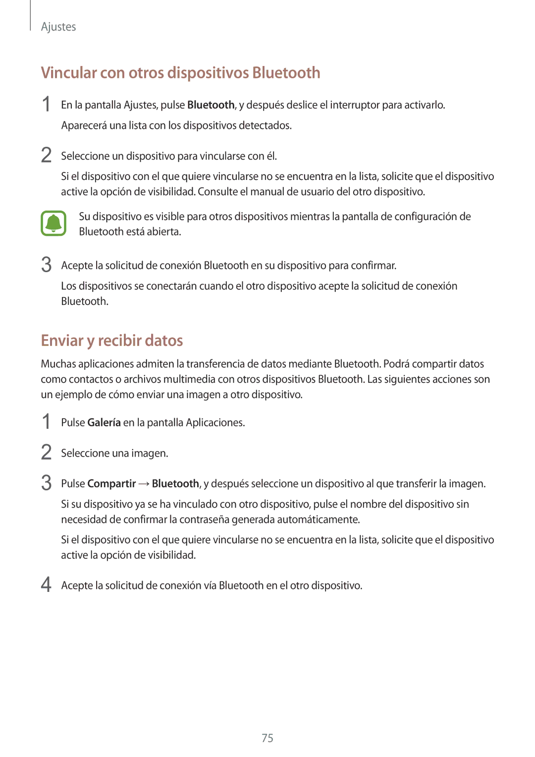 Samsung SM-T670NZWAPHE manual Vincular con otros dispositivos Bluetooth, Enviar y recibir datos 