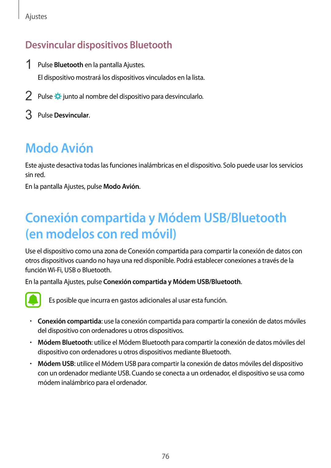 Samsung SM-T670NZWAPHE manual Modo Avión, Desvincular dispositivos Bluetooth, Pulse Desvincular 