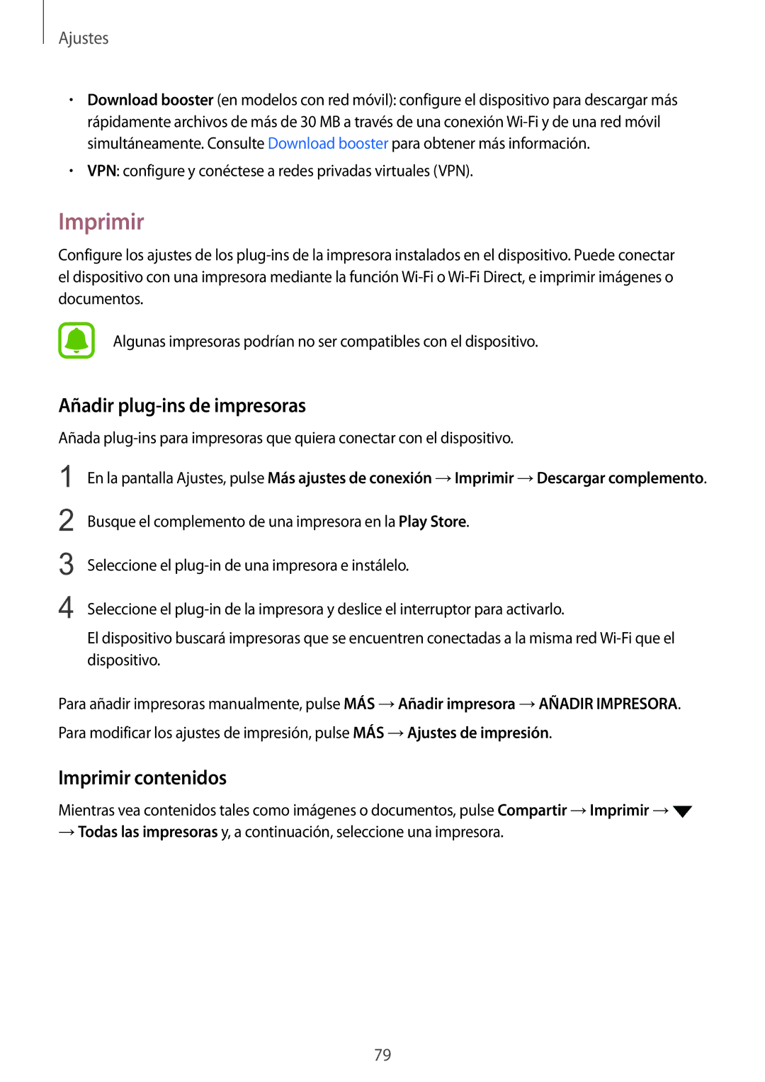 Samsung SM-T670NZWAPHE manual Añadir plug-ins de impresoras, Imprimir contenidos 