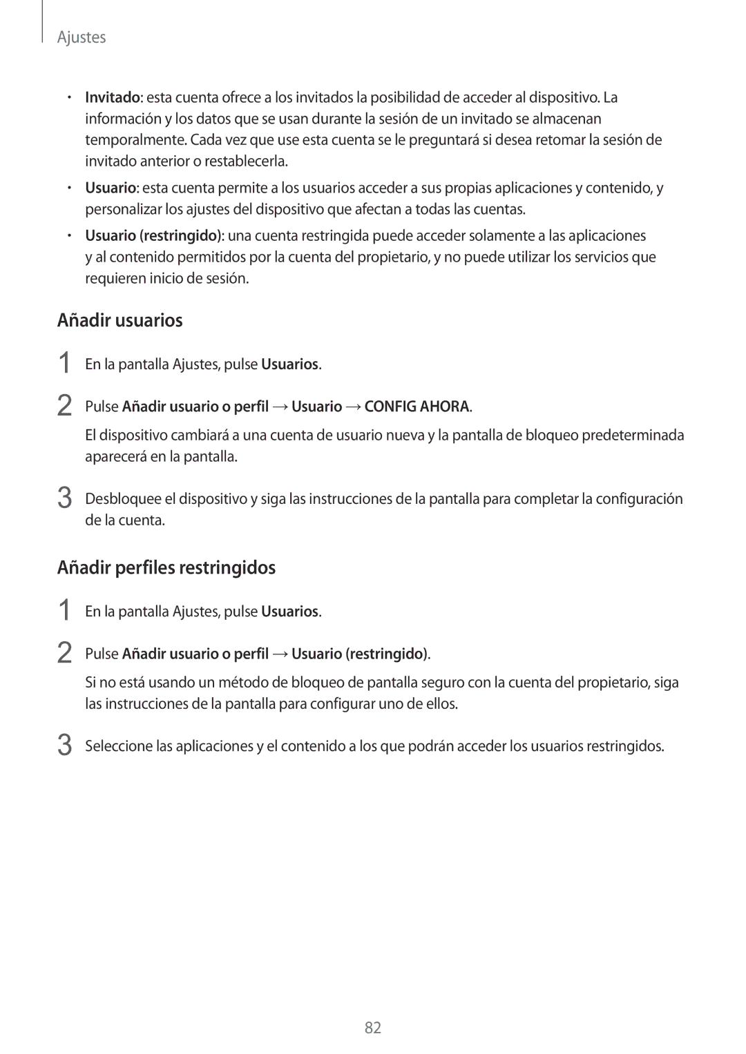 Samsung SM-T670NZWAPHE Añadir usuarios, Añadir perfiles restringidos, Pulse Añadir usuario o perfil →Usuario →CONFIG Ahora 