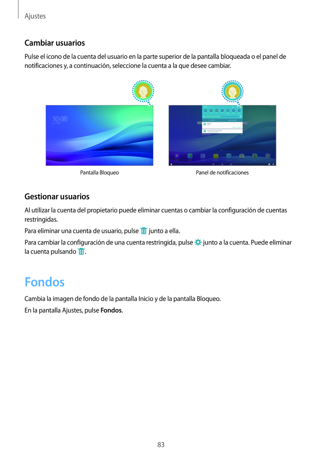 Samsung SM-T670NZWAPHE manual Fondos, Cambiar usuarios, Gestionar usuarios 