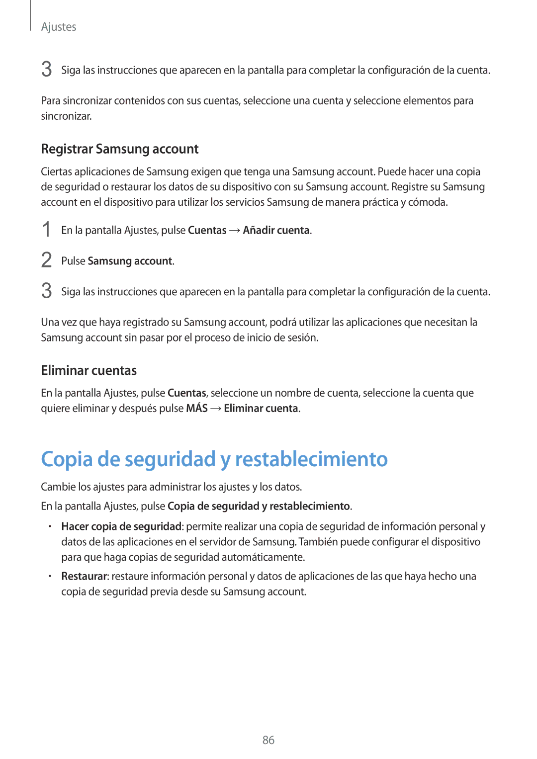 Samsung SM-T670NZWAPHE manual Copia de seguridad y restablecimiento, Registrar Samsung account, Eliminar cuentas 