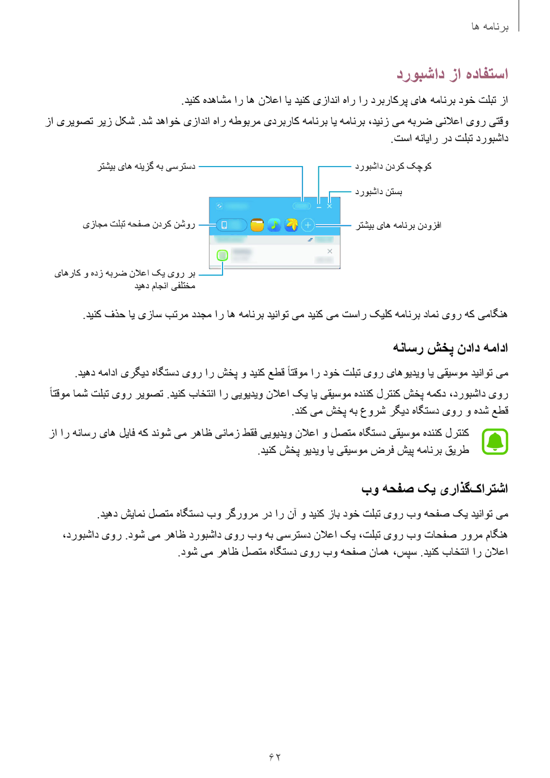 Samsung SM-T677NZKAKSA, SM-T677NZWAKSA manual دروبشاد زا هدافتسا, هناسر شخپ نداد همادا, بو هحفص کی یراذگ‌کارتشا 