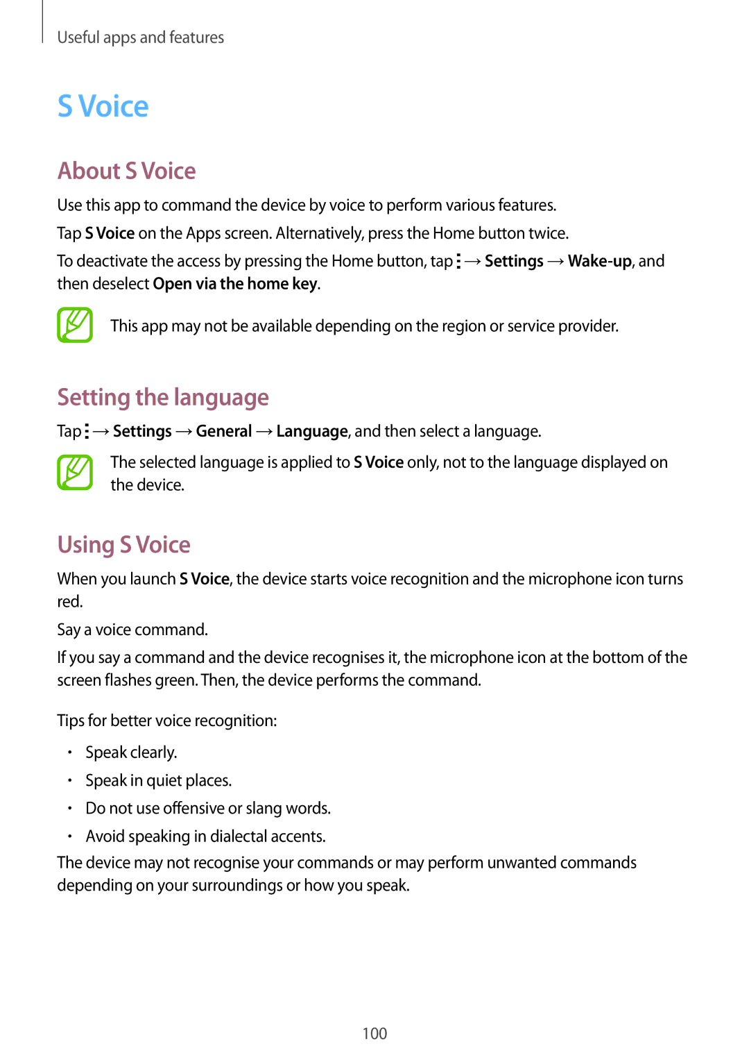 Samsung SM-T700 user manual About S Voice, Setting the language, Using S Voice 