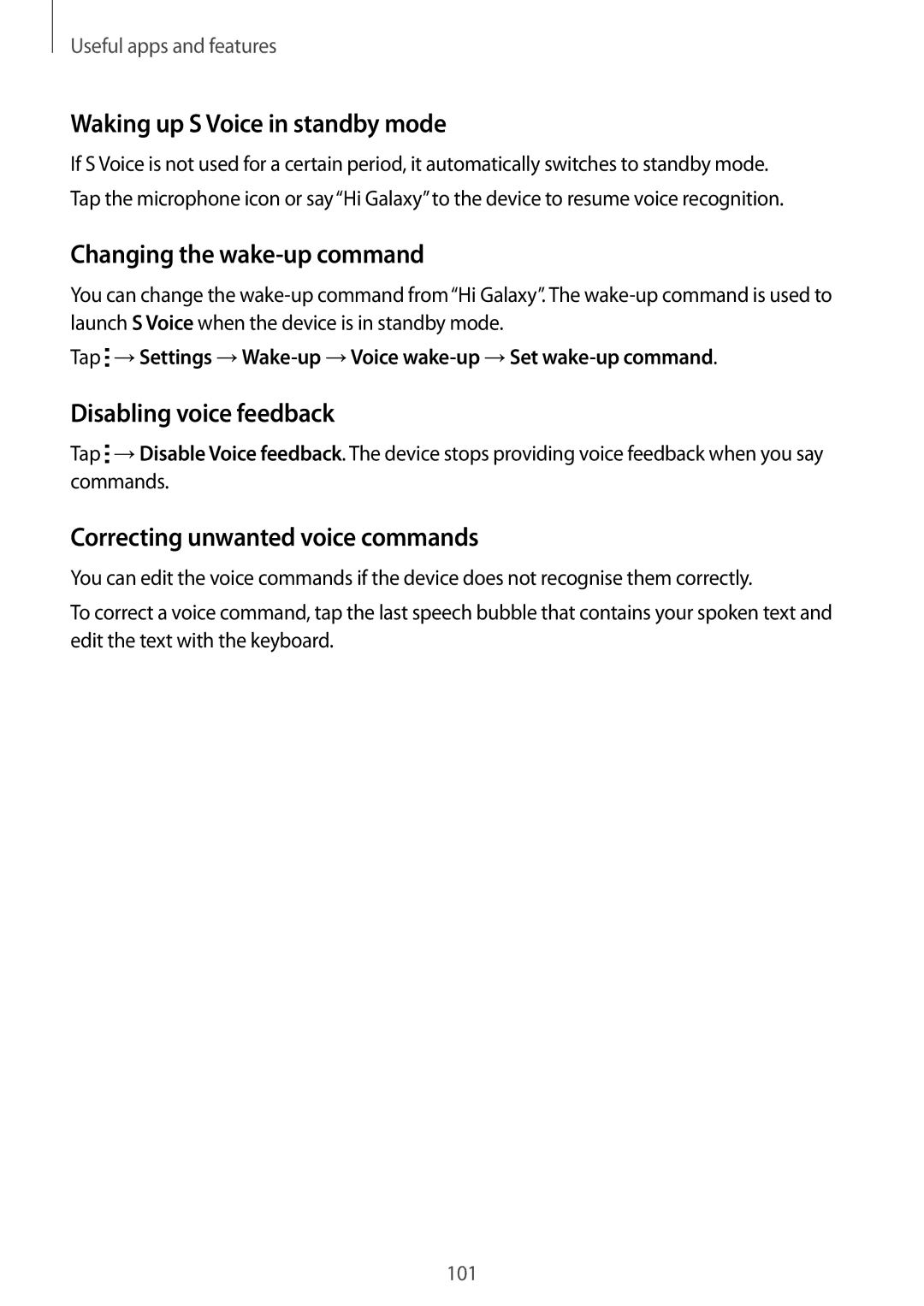 Samsung SM-T700 user manual Waking up S Voice in standby mode, Changing the wake-up command, Disabling voice feedback 