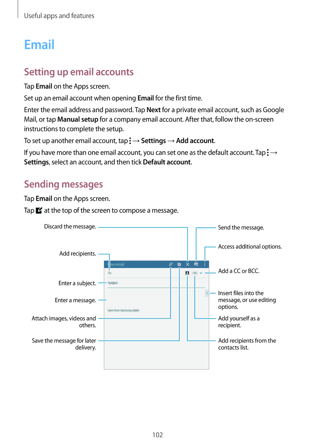 Samsung SM-T700 user manual Setting up email accounts, Sending messages, Tap Email on the Apps screen 