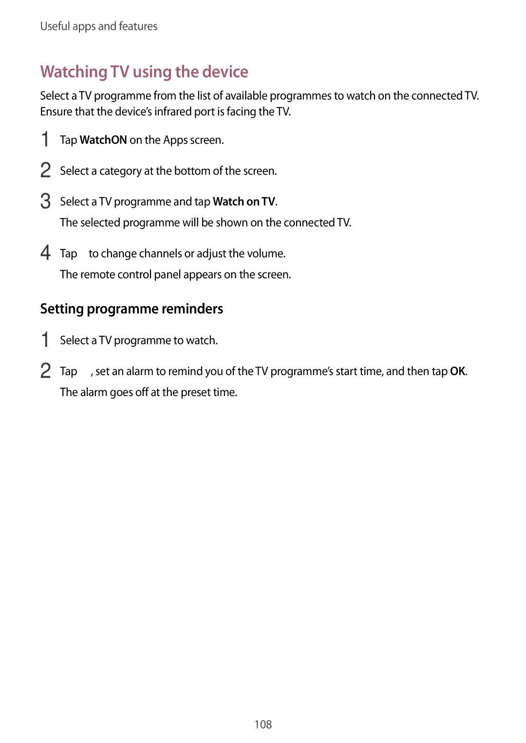 Samsung SM-T700 user manual Watching TV using the device, Setting programme reminders 