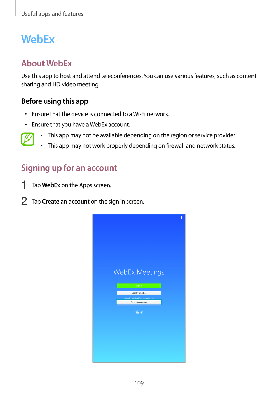 Samsung SM-T700 user manual About WebEx, Signing up for an account, Before using this app 