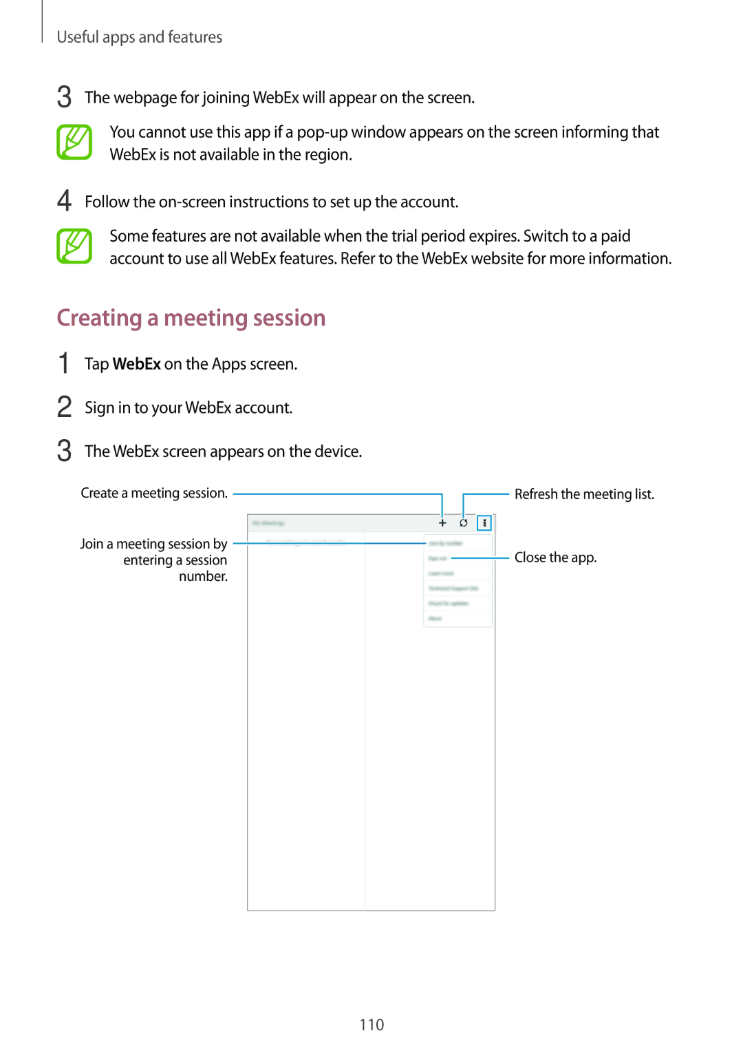 Samsung SM-T700 user manual Creating a meeting session, Sign in to your WebEx account, WebEx screen appears on the device 