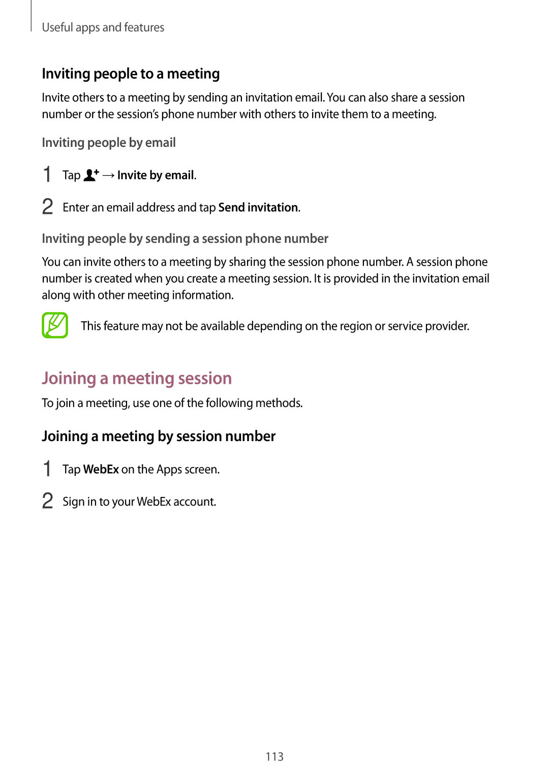 Samsung SM-T700 user manual Joining a meeting session, Inviting people to a meeting, Joining a meeting by session number 