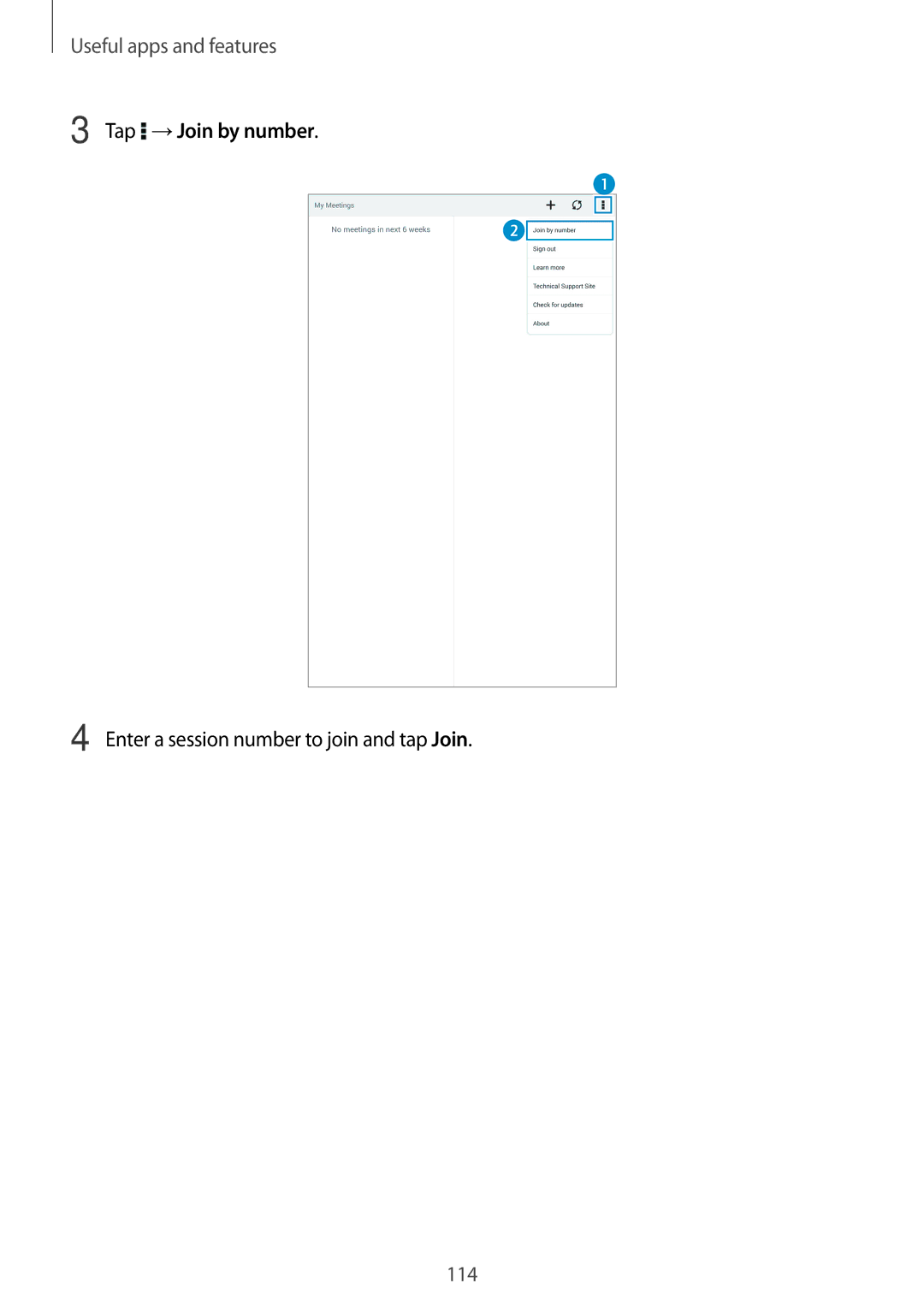 Samsung SM-T700 user manual Tap →Join by number, Enter a session number to join and tap Join 