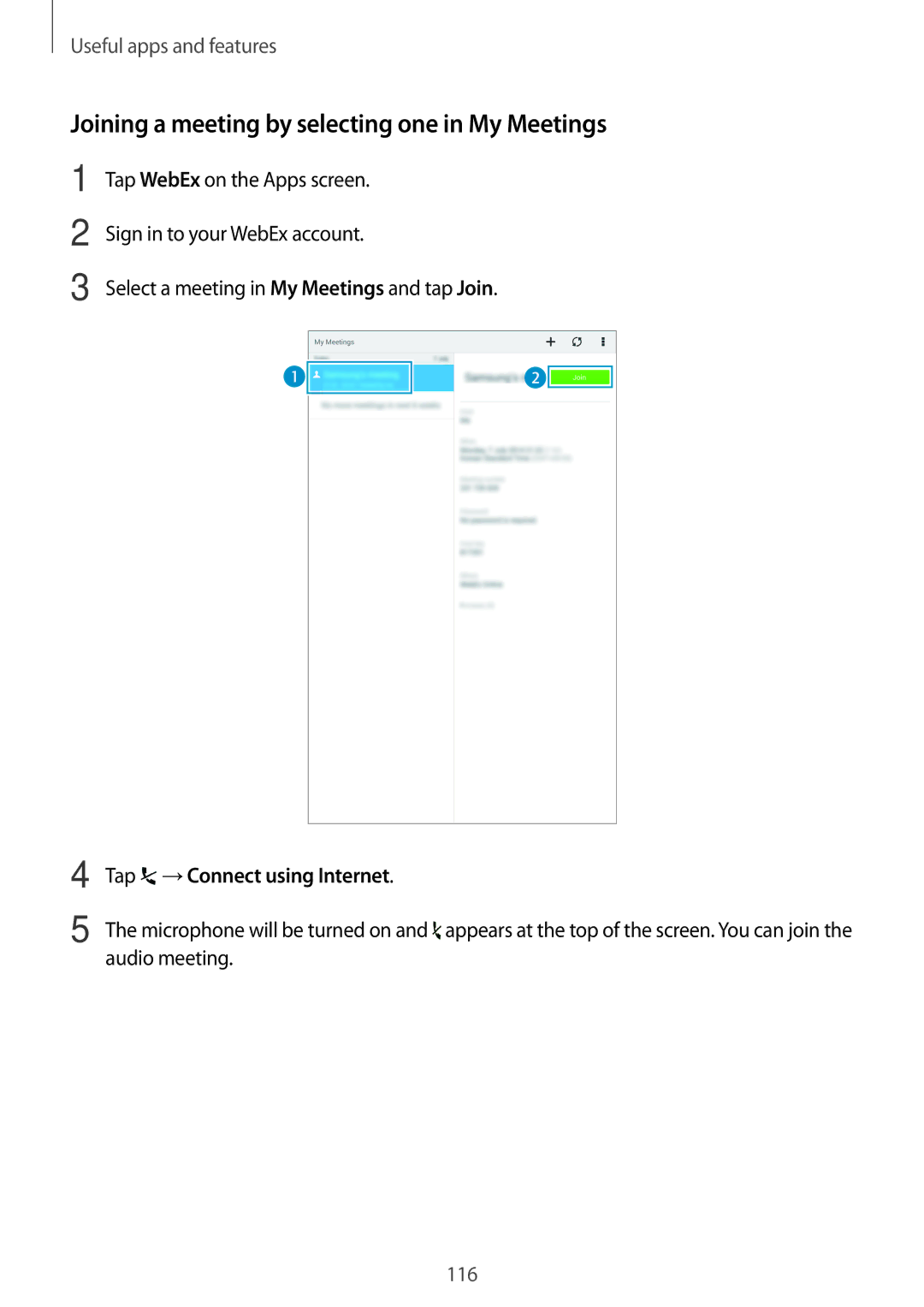 Samsung SM-T700 user manual Joining a meeting by selecting one in My Meetings 