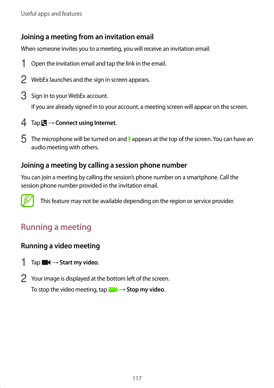 Samsung SM-T700 user manual Running a meeting, Joining a meeting from an invitation email, Running a video meeting 