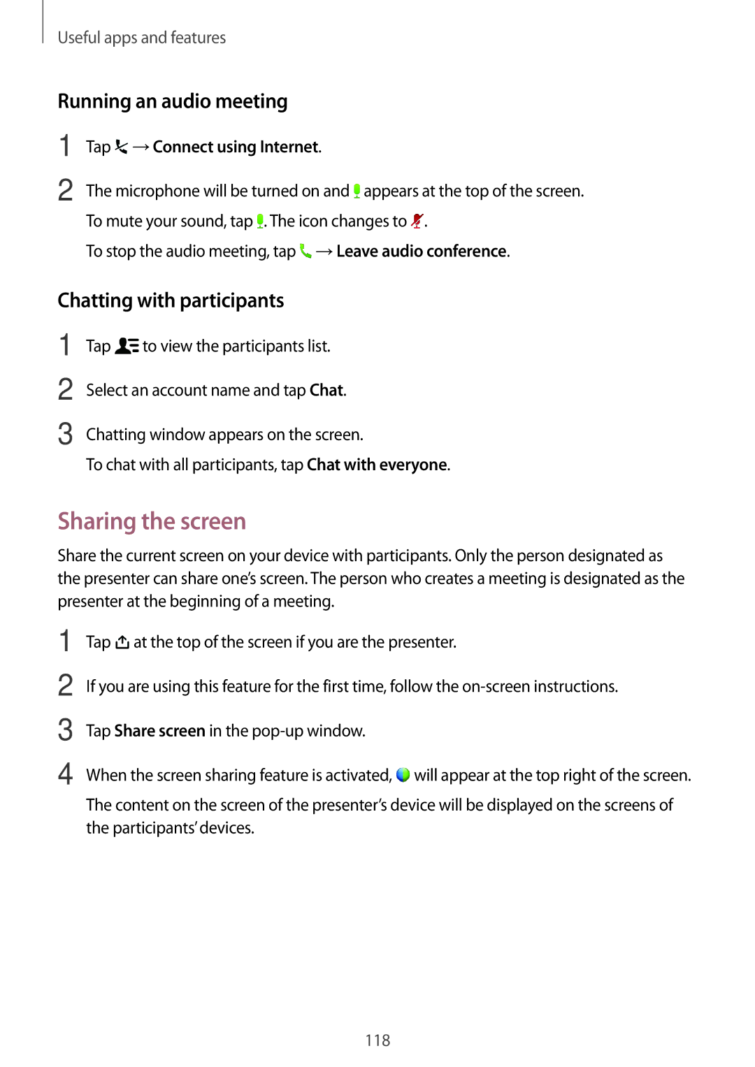 Samsung SM-T700 user manual Sharing the screen, Running an audio meeting, Chatting with participants 