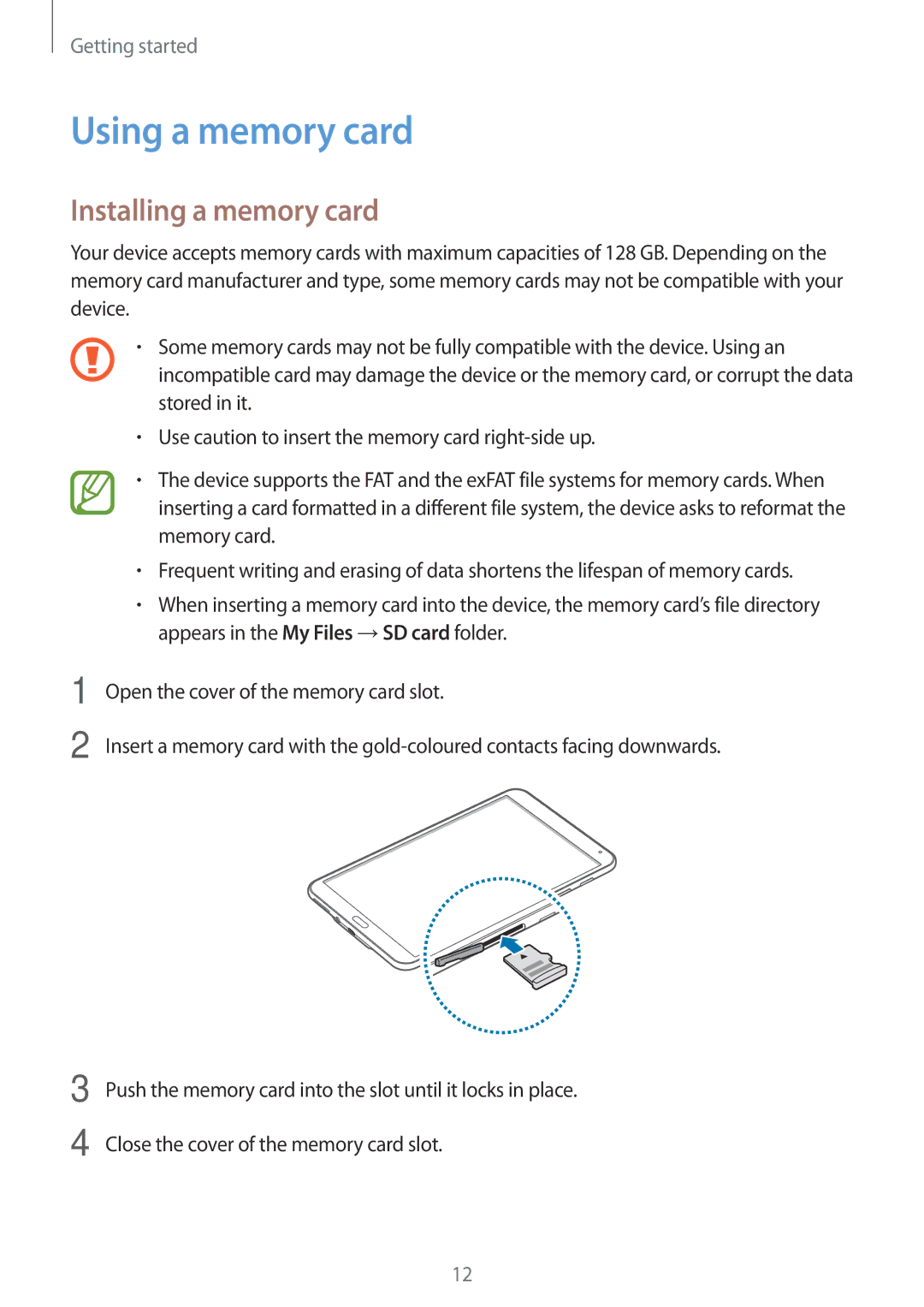 Samsung SM-T700 user manual Using a memory card, Installing a memory card 