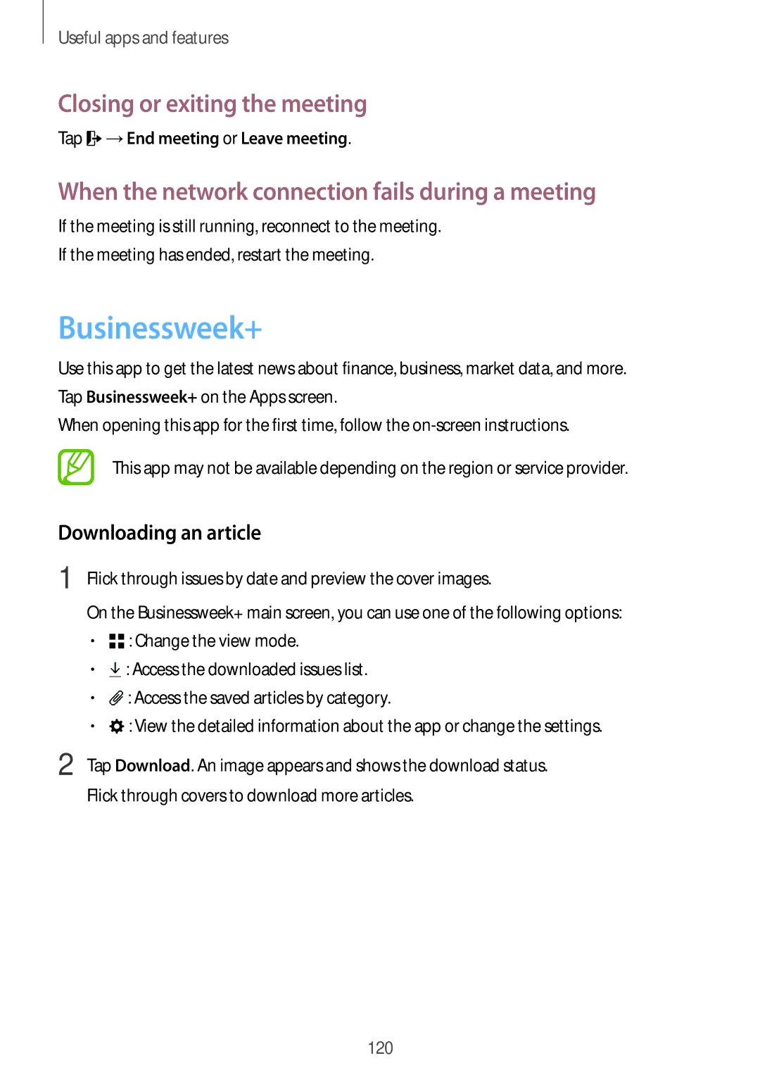 Samsung SM-T700 Businessweek+, Closing or exiting the meeting, When the network connection fails during a meeting 