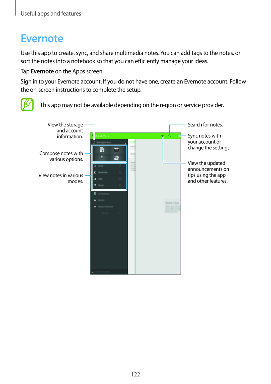 Samsung SM-T700 user manual Evernote, View notes in various modes Search for notes 