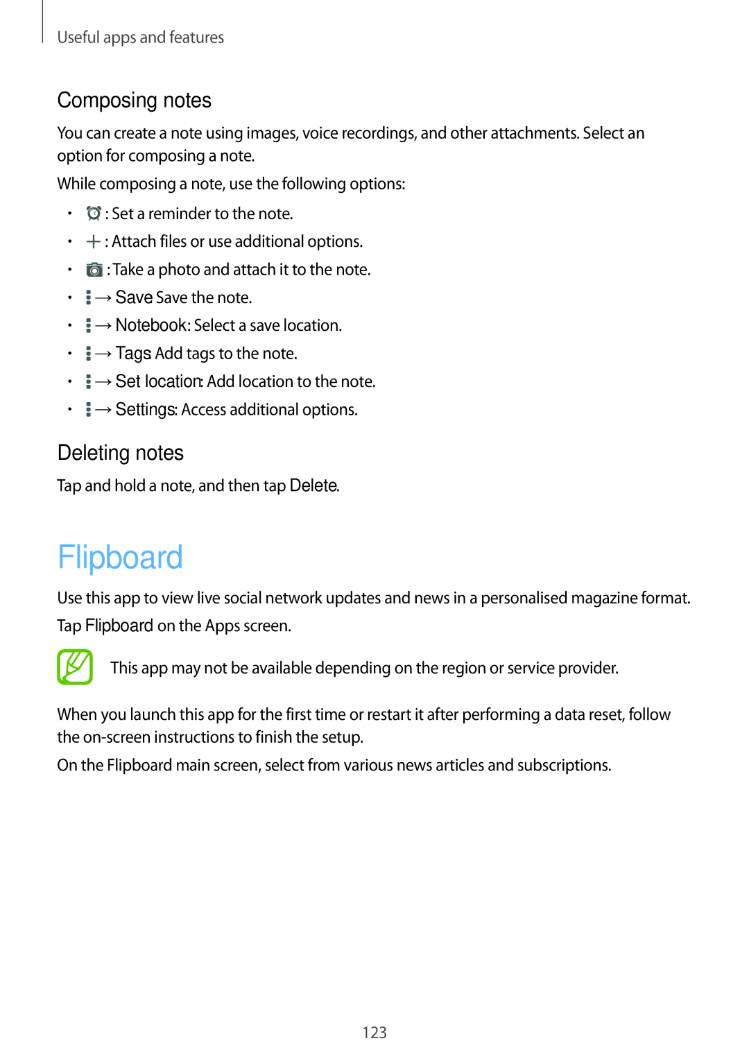 Samsung SM-T700 user manual Flipboard, Composing notes, Deleting notes, Tap and hold a note, and then tap Delete 