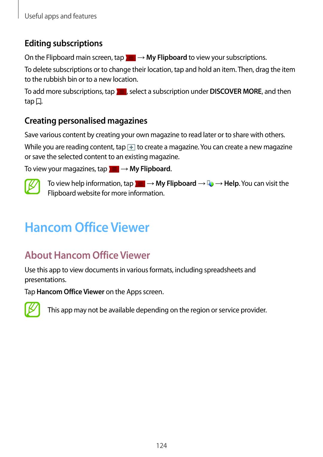 Samsung SM-T700 user manual About Hancom Office Viewer, Editing subscriptions, Creating personalised magazines 