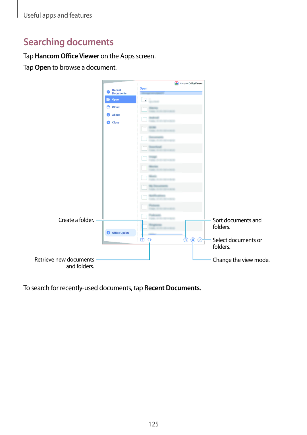 Samsung SM-T700 user manual Searching documents, To search for recently-used documents, tap Recent Documents 